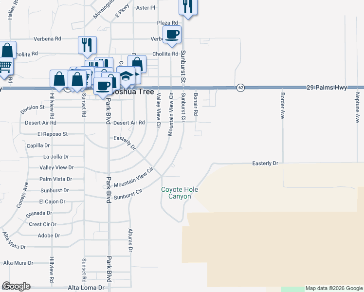 map of restaurants, bars, coffee shops, grocery stores, and more near 61981 Sunburst Circle in Joshua Tree