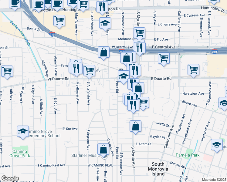map of restaurants, bars, coffee shops, grocery stores, and more near 250 West Duarte Road in Monrovia