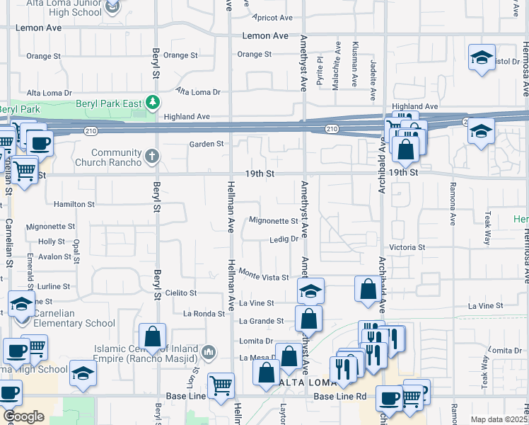 map of restaurants, bars, coffee shops, grocery stores, and more near 6789 Gilbert Place in Rancho Cucamonga