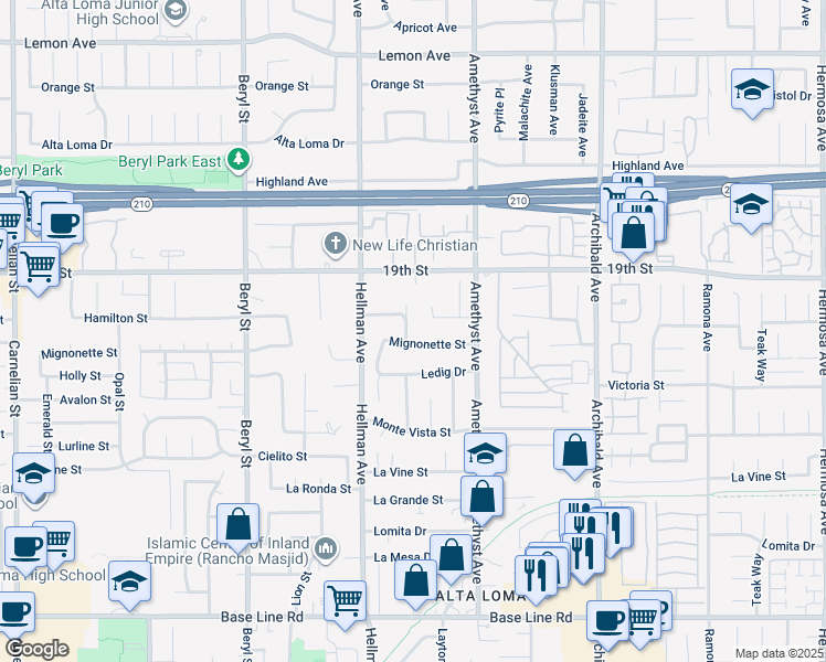 map of restaurants, bars, coffee shops, grocery stores, and more near 6789 Gilbert Place in Rancho Cucamonga