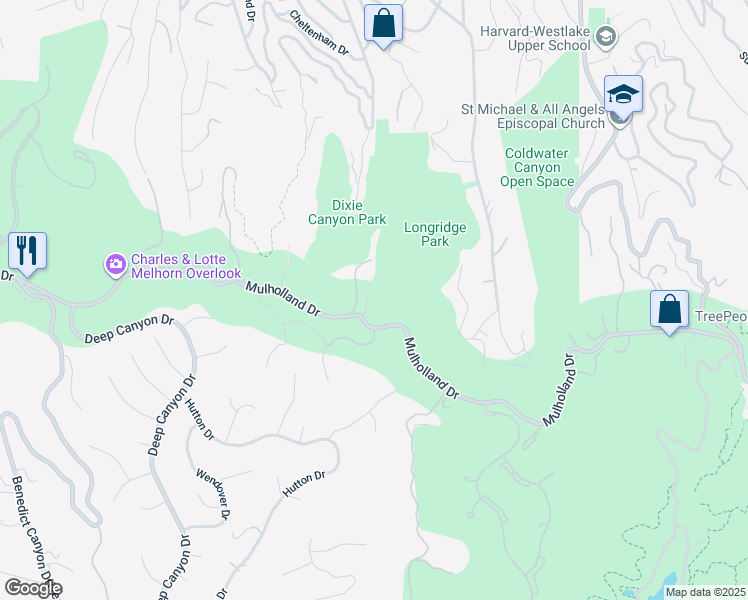 map of restaurants, bars, coffee shops, grocery stores, and more near 13331 Mulholland Drive in Beverly Hills