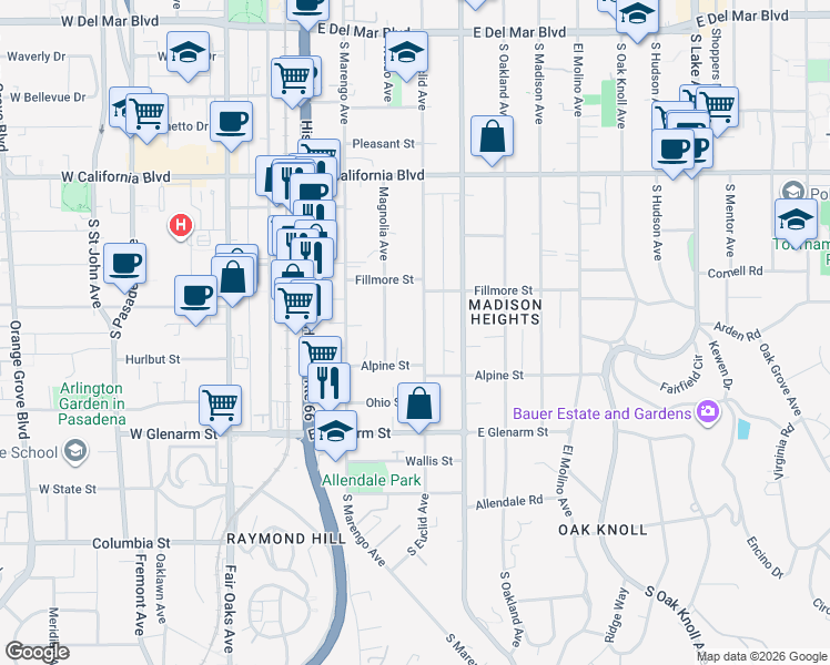 map of restaurants, bars, coffee shops, grocery stores, and more near 861 South Euclid Avenue in Pasadena
