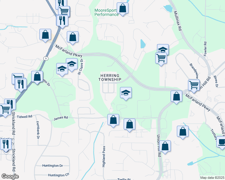 map of restaurants, bars, coffee shops, grocery stores, and more near 1645 Township Circle in Alpharetta