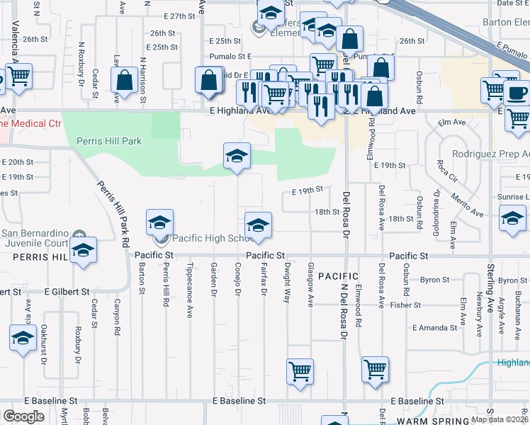 map of restaurants, bars, coffee shops, grocery stores, and more near 1721 North Fairfax Drive in San Bernardino