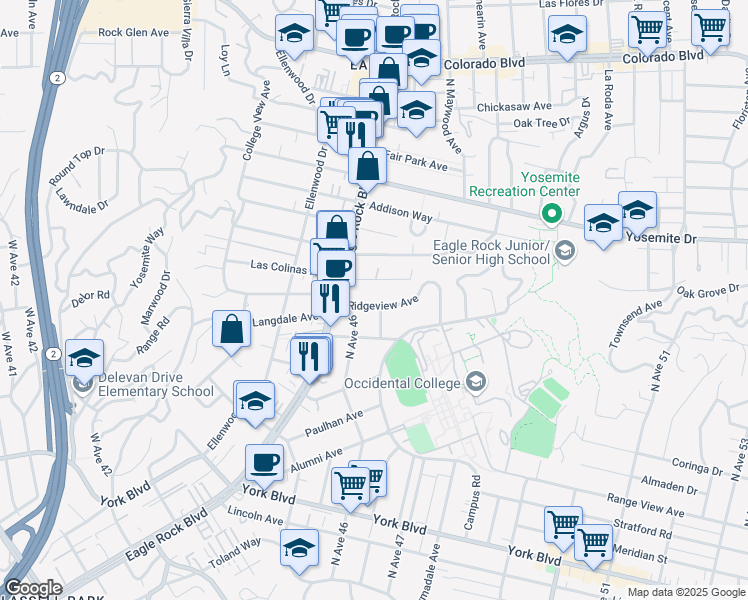 map of restaurants, bars, coffee shops, grocery stores, and more near 2207 Ridgeview Avenue in Los Angeles