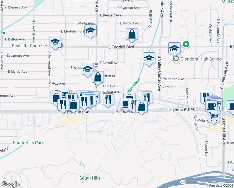 map of restaurants, bars, coffee shops, grocery stores, and more near 1241 East Walnut Avenue in Glendora