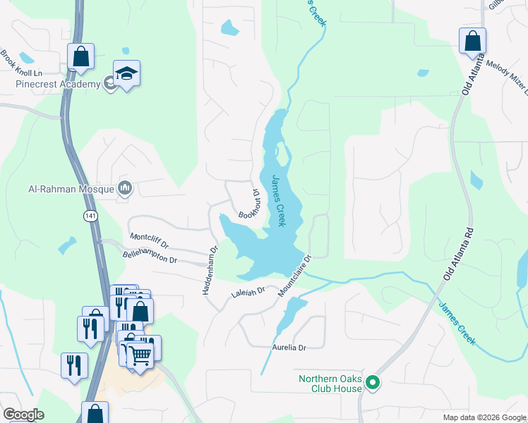 map of restaurants, bars, coffee shops, grocery stores, and more near 1230 Bookhout Dr in Cumming