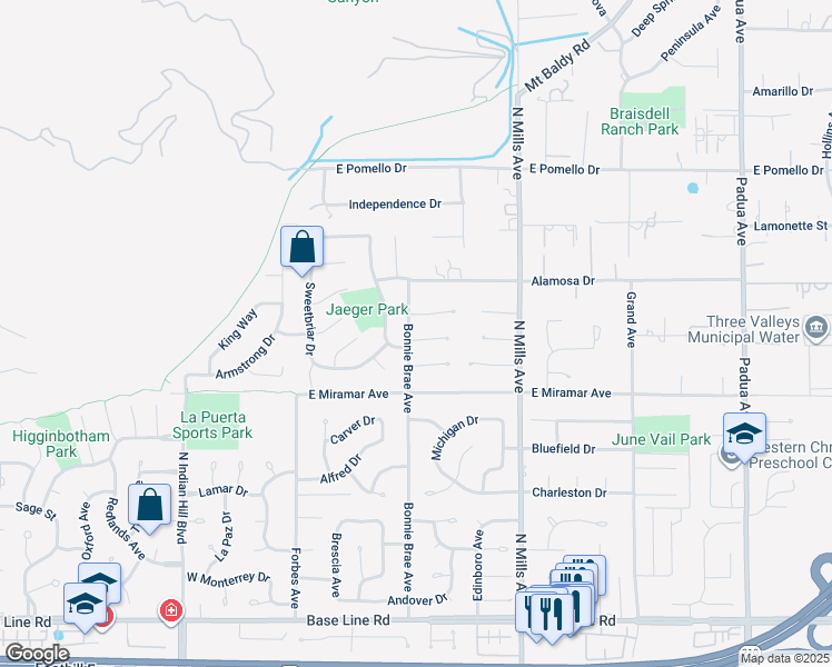map of restaurants, bars, coffee shops, grocery stores, and more near 303 East Dunbarton Place in Claremont