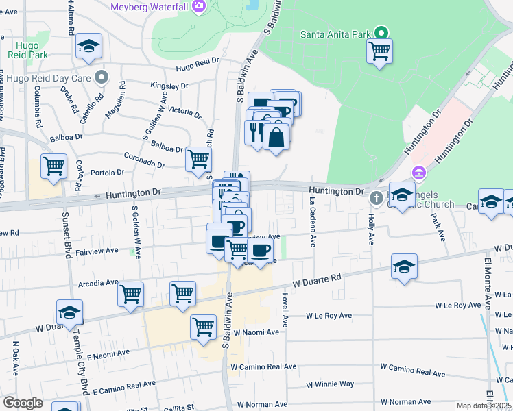 map of restaurants, bars, coffee shops, grocery stores, and more near 634 West Huntington Drive in Arcadia