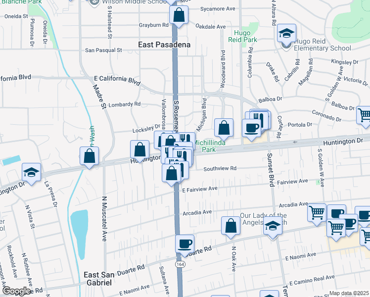 map of restaurants, bars, coffee shops, grocery stores, and more near 3723 Huntington Drive in Pasadena