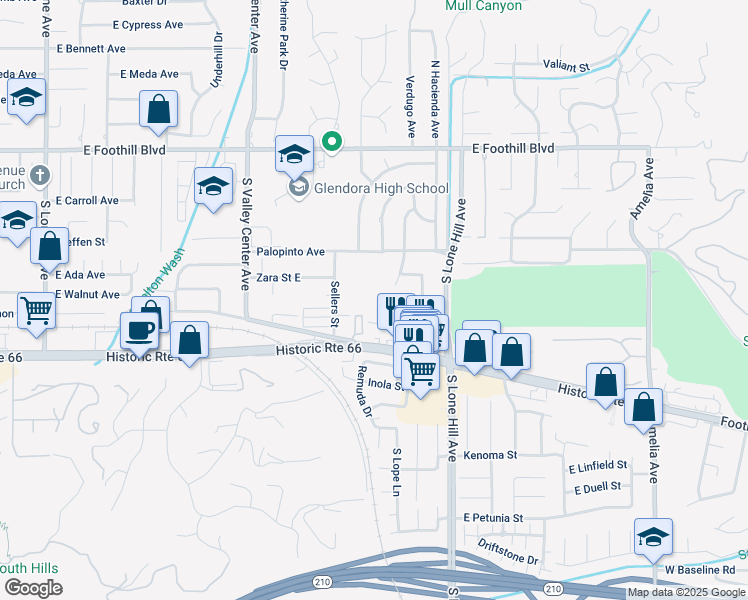map of restaurants, bars, coffee shops, grocery stores, and more near 403 South Sage Place in Glendora