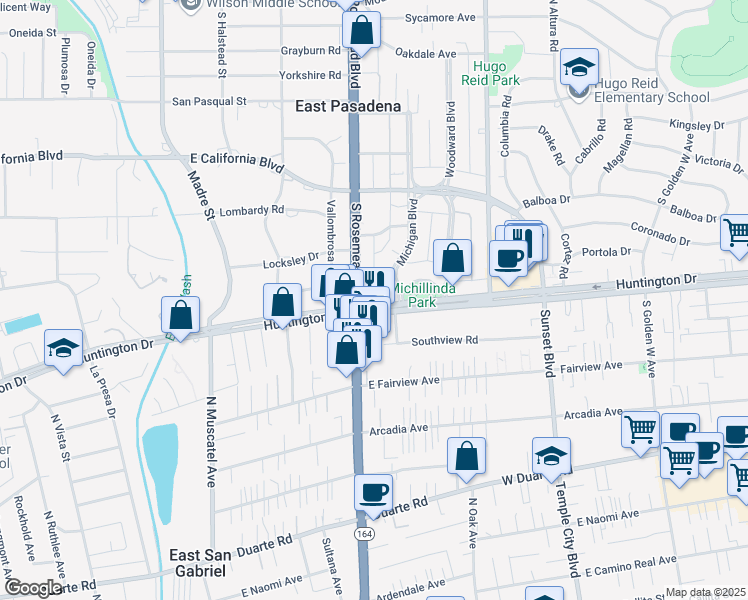 map of restaurants, bars, coffee shops, grocery stores, and more near 3723 Huntington Drive in Pasadena
