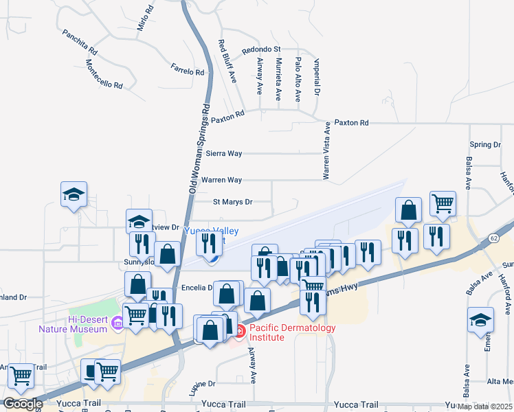 map of restaurants, bars, coffee shops, grocery stores, and more near 57467 Saint Marys Drive in Yucca Valley