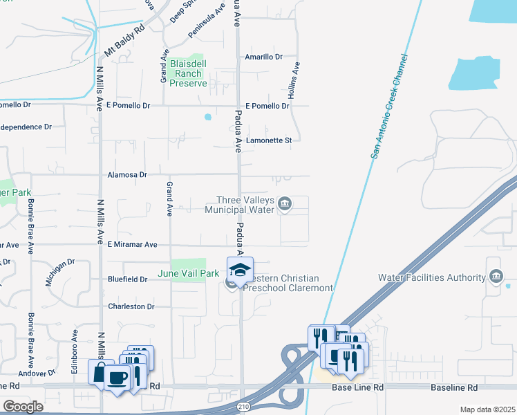 map of restaurants, bars, coffee shops, grocery stores, and more near 3410 Padua Avenue in Claremont