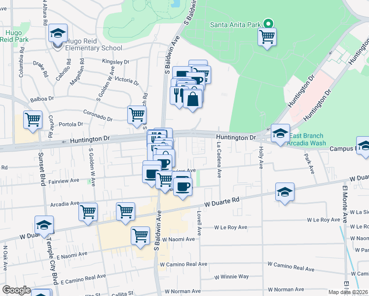 map of restaurants, bars, coffee shops, grocery stores, and more near 630 West Huntington Drive in Arcadia