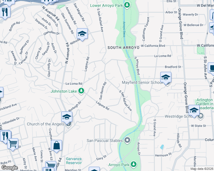 map of restaurants, bars, coffee shops, grocery stores, and more near 755 San Rafael Terrace in Pasadena