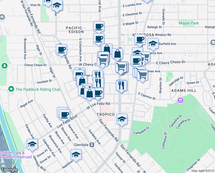 map of restaurants, bars, coffee shops, grocery stores, and more near 210 Magnolia Avenue in Glendale