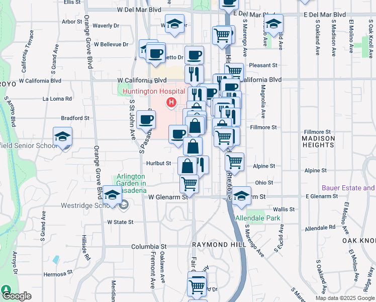 map of restaurants, bars, coffee shops, grocery stores, and more near 905 South Fair Oaks Avenue in Pasadena