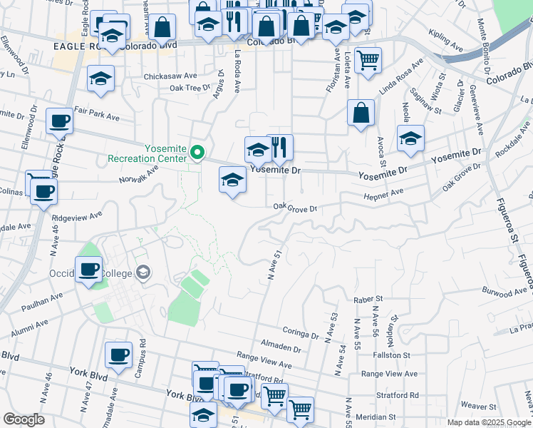 map of restaurants, bars, coffee shops, grocery stores, and more near 1632 Oak Grove Drive in Los Angeles