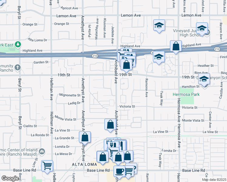 map of restaurants, bars, coffee shops, grocery stores, and more near 6805 Jadeite Avenue in Rancho Cucamonga