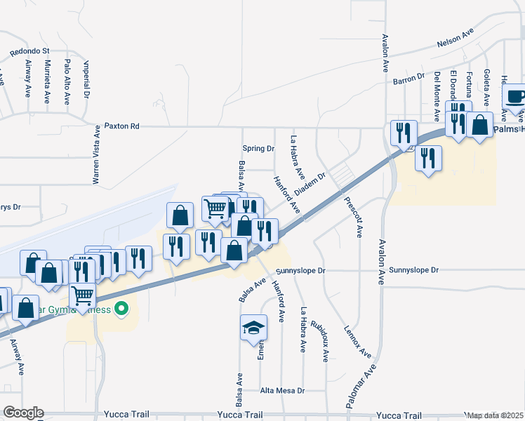 map of restaurants, bars, coffee shops, grocery stores, and more near 58178 Diadem Drive in Yucca Valley