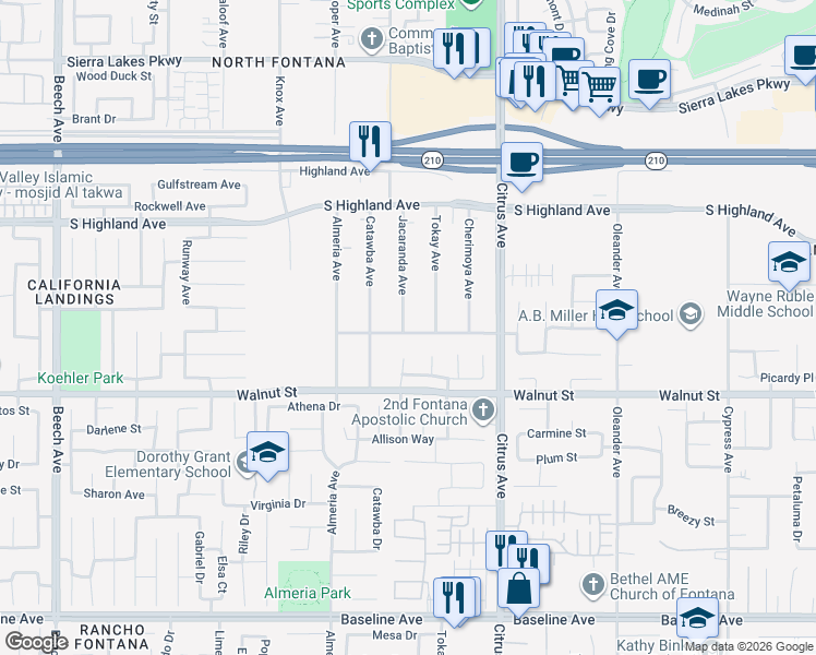 map of restaurants, bars, coffee shops, grocery stores, and more near 6770 Jacaranda Avenue in Fontana