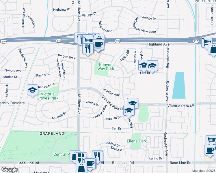 map of restaurants, bars, coffee shops, grocery stores, and more near 6794 Colorno Court in Rancho Cucamonga