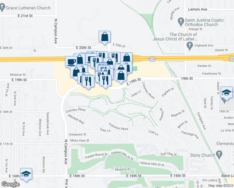 map of restaurants, bars, coffee shops, grocery stores, and more near 1316 East 19th Street in Upland