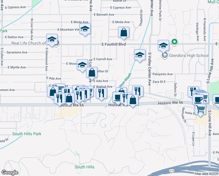 map of restaurants, bars, coffee shops, grocery stores, and more near 1241 East Walnut Avenue in Glendora