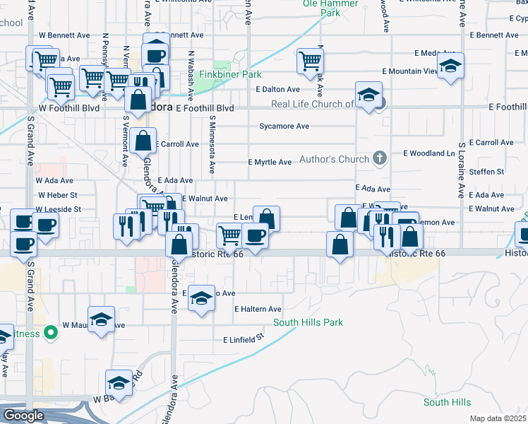 map of restaurants, bars, coffee shops, grocery stores, and more near 561 East Lemon Avenue in Glendora
