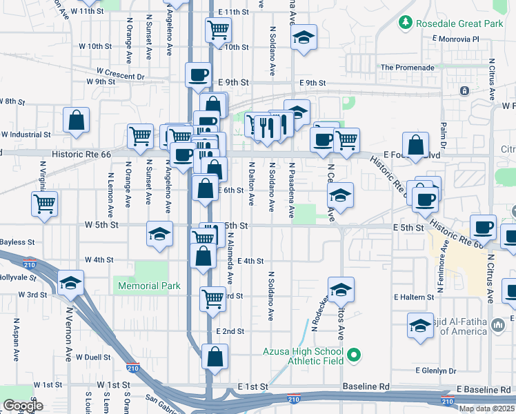 map of restaurants, bars, coffee shops, grocery stores, and more near 536 North Dalton Avenue in Azusa