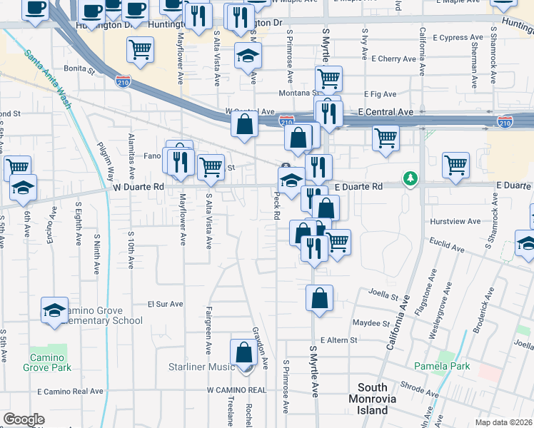 map of restaurants, bars, coffee shops, grocery stores, and more near 250 West Duarte Road in Monrovia
