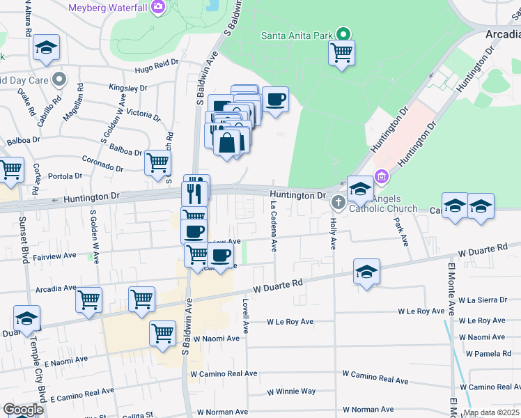 map of restaurants, bars, coffee shops, grocery stores, and more near 506 Huntington Drive in Arcadia