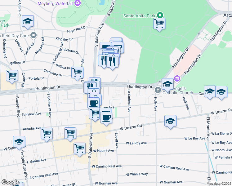 map of restaurants, bars, coffee shops, grocery stores, and more near 592 West Huntington Drive in Arcadia