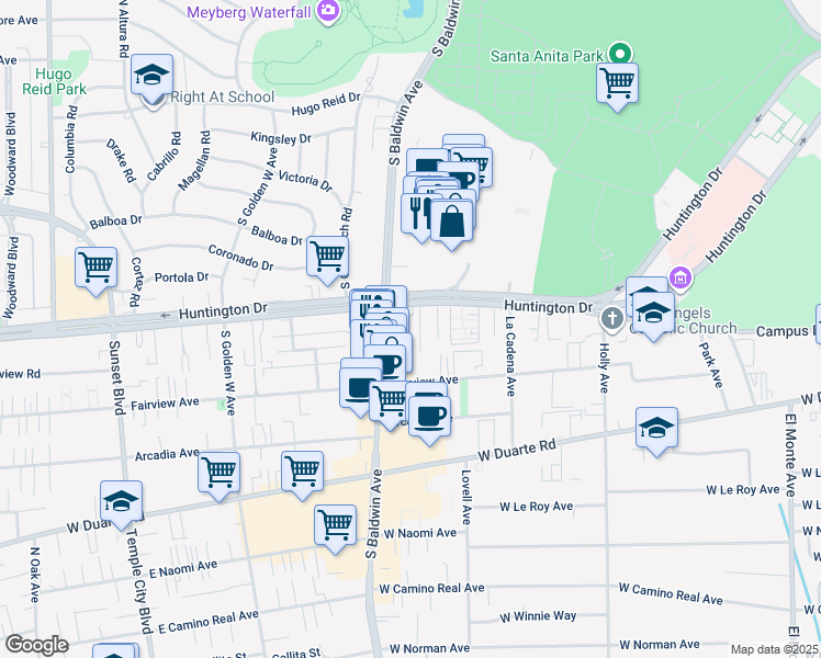 map of restaurants, bars, coffee shops, grocery stores, and more near 634 West Huntington Drive in Arcadia