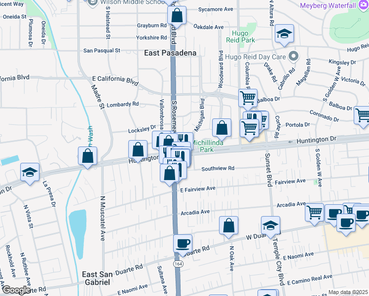 map of restaurants, bars, coffee shops, grocery stores, and more near 3705 Huntington Drive in Pasadena