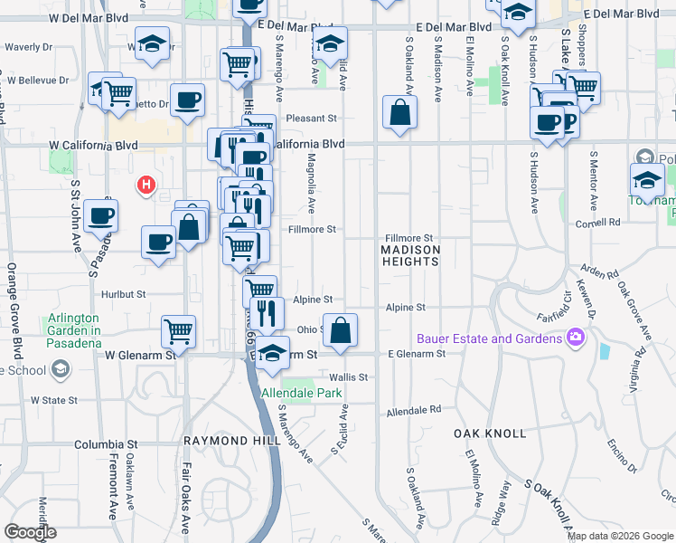 map of restaurants, bars, coffee shops, grocery stores, and more near 861 South Euclid Avenue in Pasadena