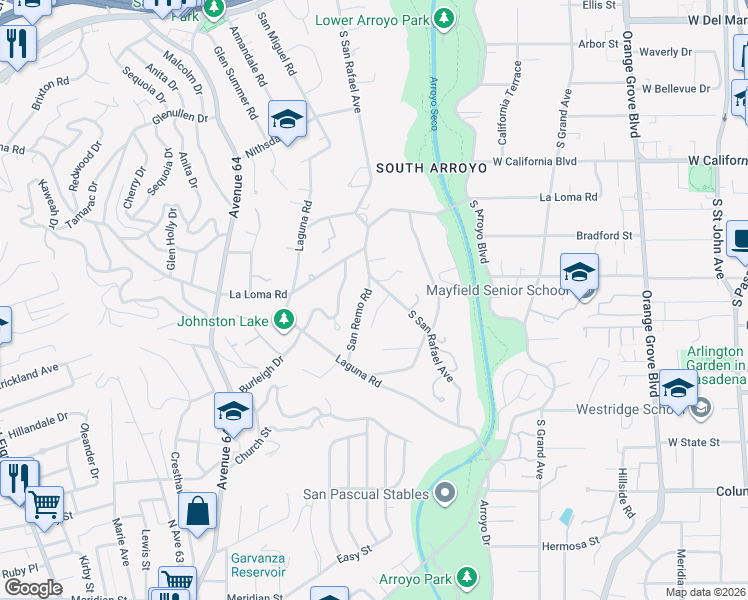 map of restaurants, bars, coffee shops, grocery stores, and more near 755 San Rafael Terrace in Pasadena