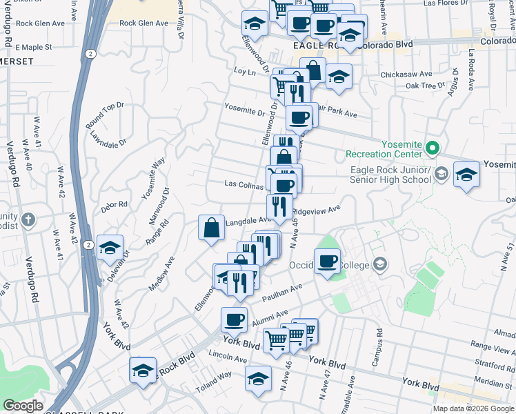 map of restaurants, bars, coffee shops, grocery stores, and more near 2339 Ridgeview Avenue in Los Angeles