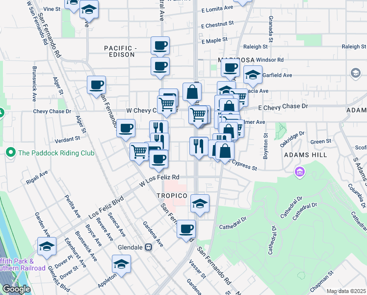 map of restaurants, bars, coffee shops, grocery stores, and more near 1231 South Brand Boulevard in Glendale