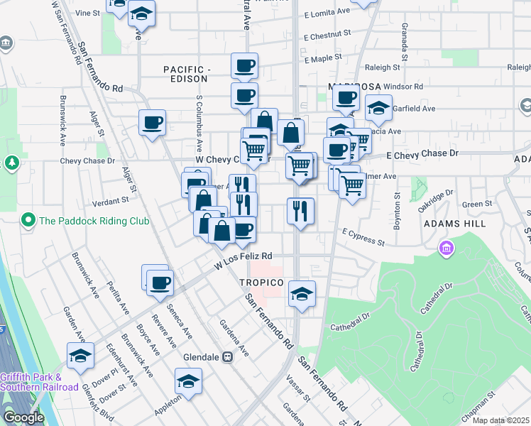 map of restaurants, bars, coffee shops, grocery stores, and more near 210 Magnolia Avenue in Glendale