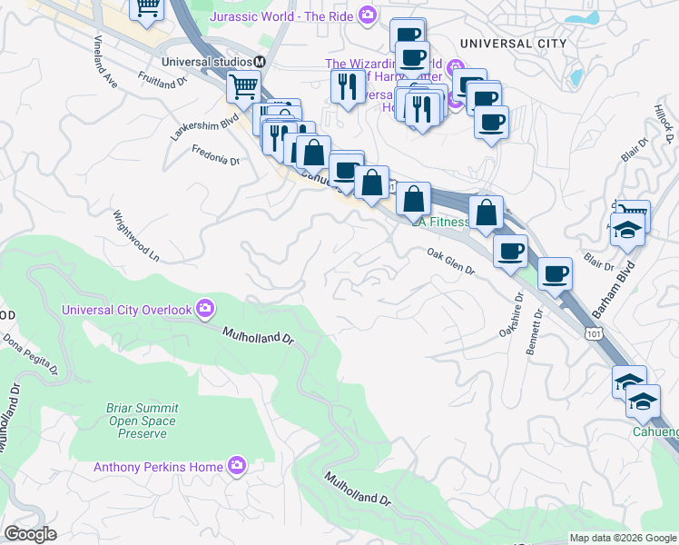 map of restaurants, bars, coffee shops, grocery stores, and more near 3720 Broadlawn Drive in Los Angeles