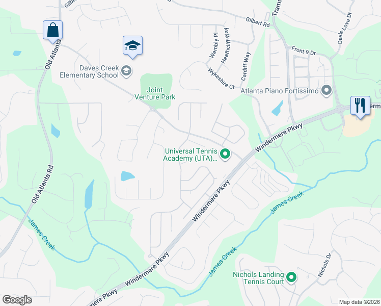 map of restaurants, bars, coffee shops, grocery stores, and more near 4470 Camrose Court in Cumming