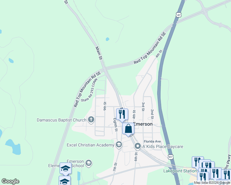 map of restaurants, bars, coffee shops, grocery stores, and more near 632 Georgia 293 in Emerson