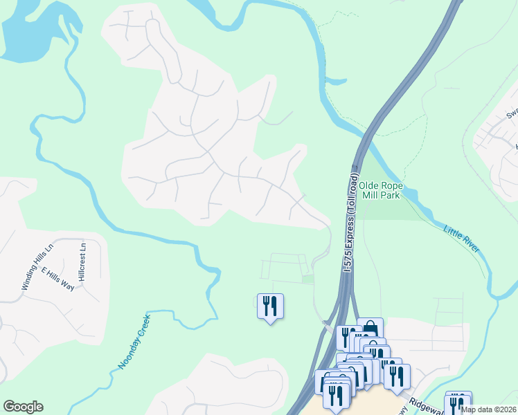 map of restaurants, bars, coffee shops, grocery stores, and more near 310 Gainesway Trail in Woodstock