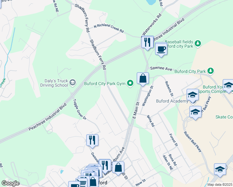 map of restaurants, bars, coffee shops, grocery stores, and more near 157 Shadburn Ferry Road in Buford