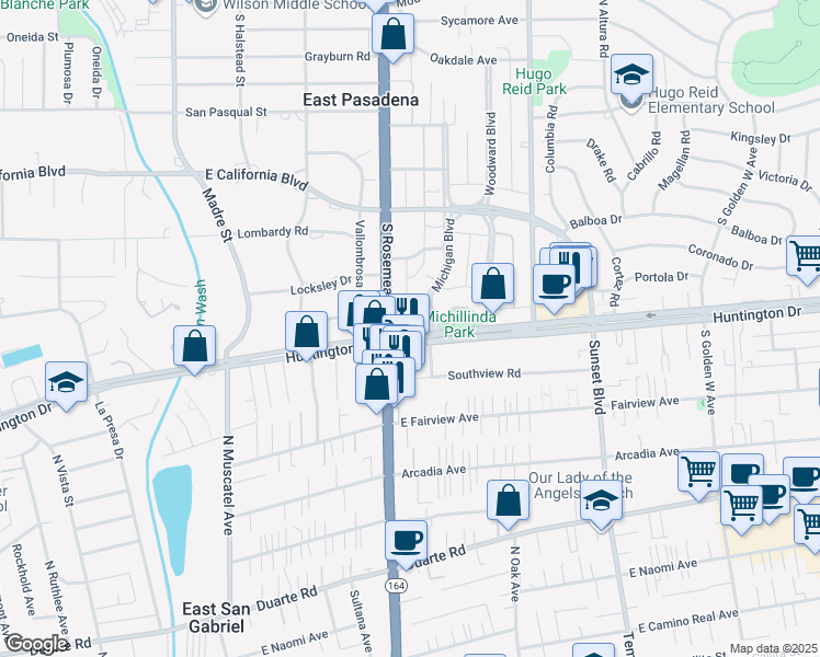 map of restaurants, bars, coffee shops, grocery stores, and more near 3725 Huntington Drive in Pasadena