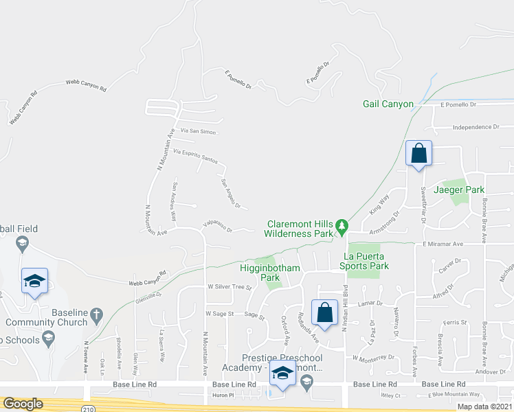 map of restaurants, bars, coffee shops, grocery stores, and more near 2630 San Angelo Drive in Claremont
