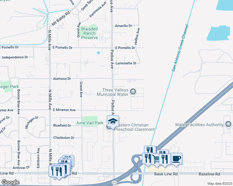 map of restaurants, bars, coffee shops, grocery stores, and more near 3410 Padua Avenue in Claremont