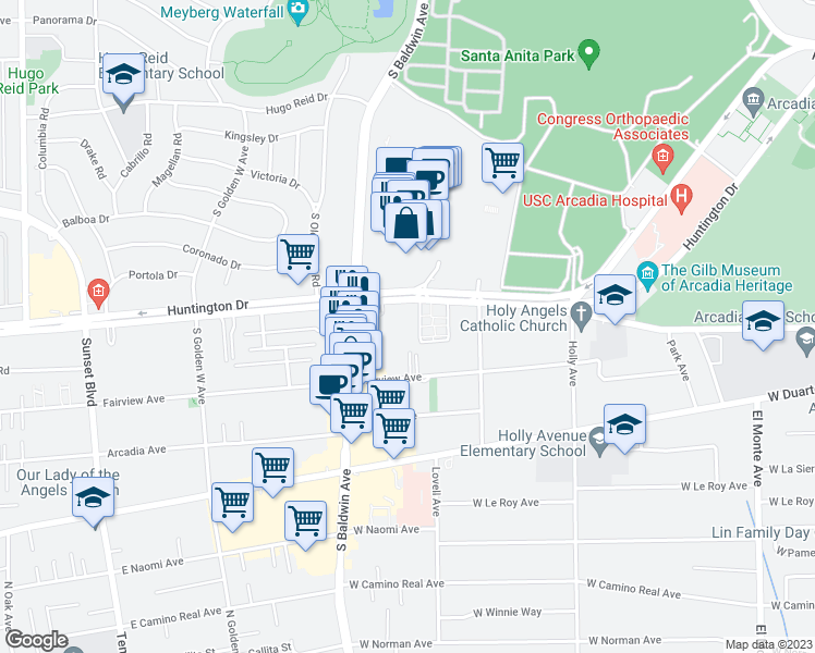map of restaurants, bars, coffee shops, grocery stores, and more near 634 West Huntington Drive in Arcadia